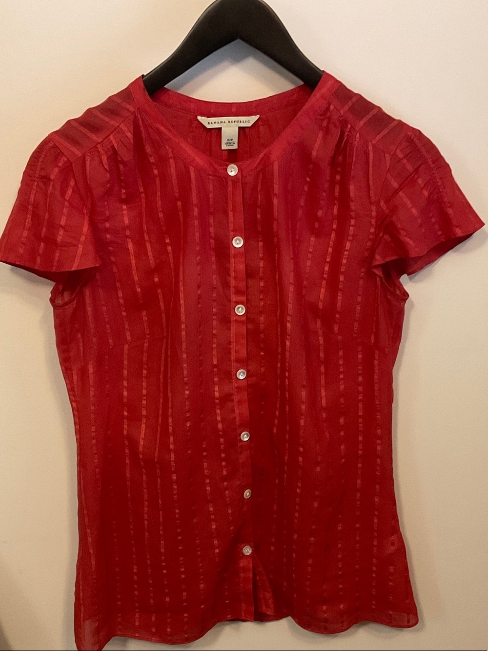 Banana Republic Red Short-Sleeve Sheer Button-Down Top